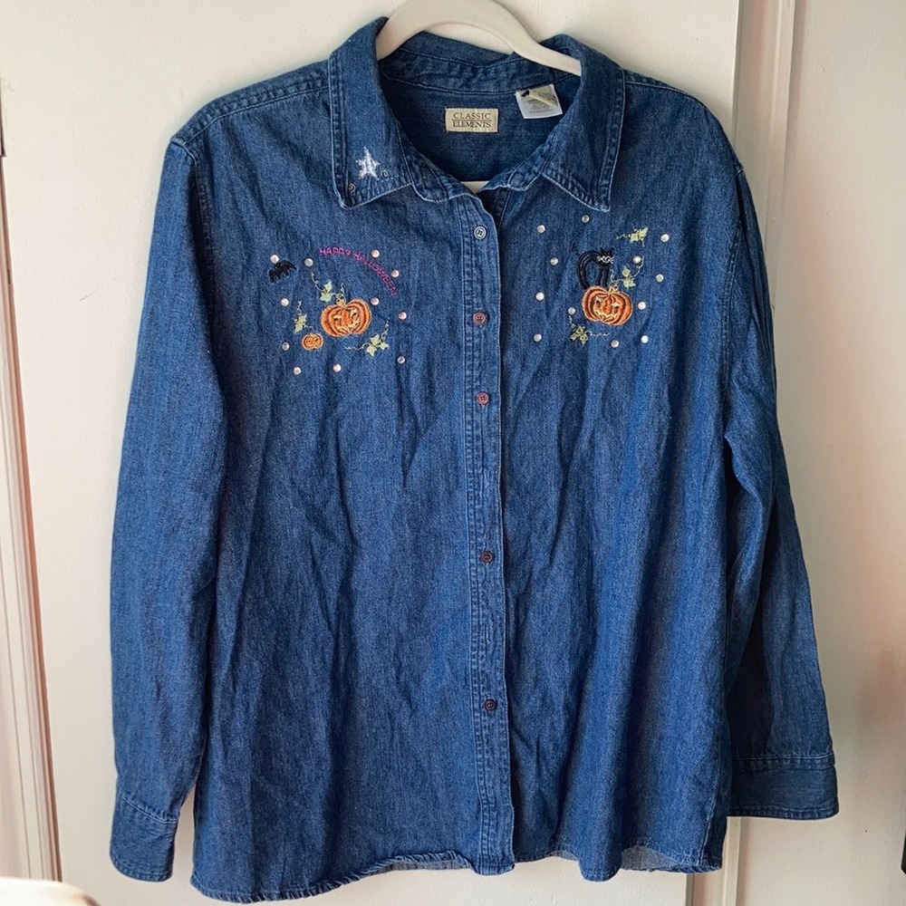 3/$20 Halloween denim button-up